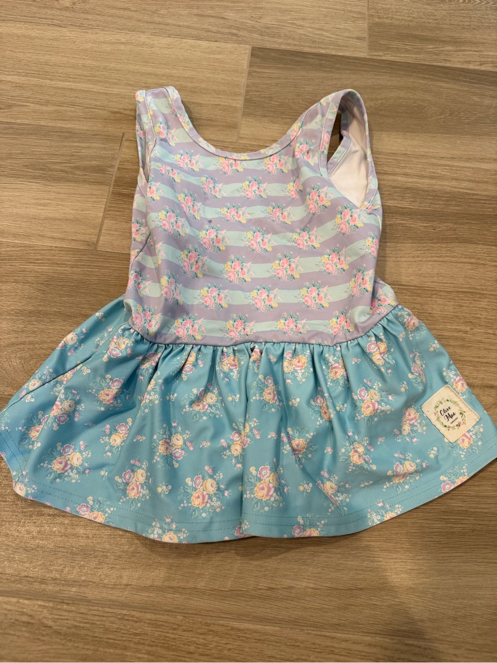 Size 5 Olive Mae Girls' Floral Blue & Lavender One-Piece Swimsuit with Skirt